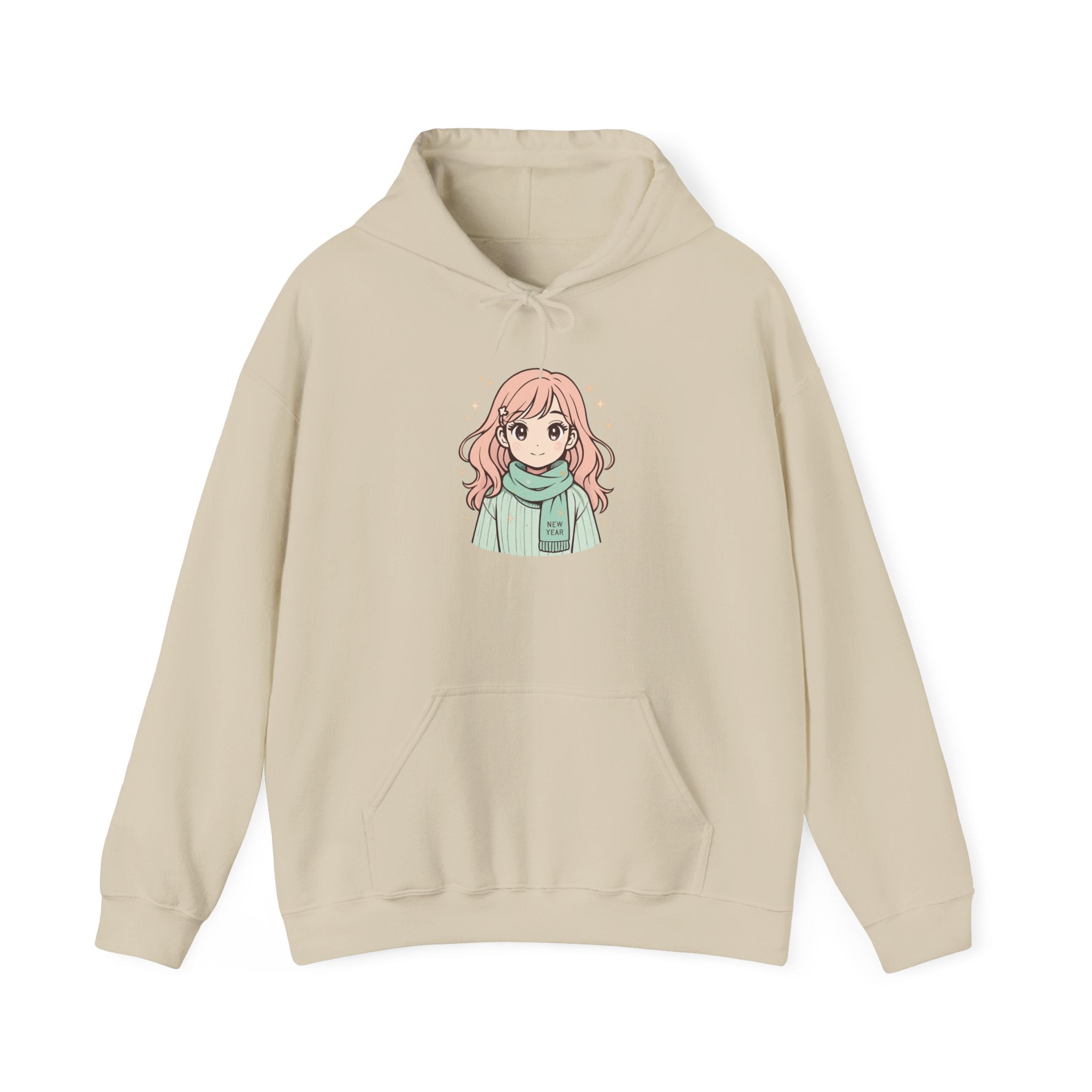 Anime Girl Illustration Hoodie — Cute Pink-Haired Character with Scarf