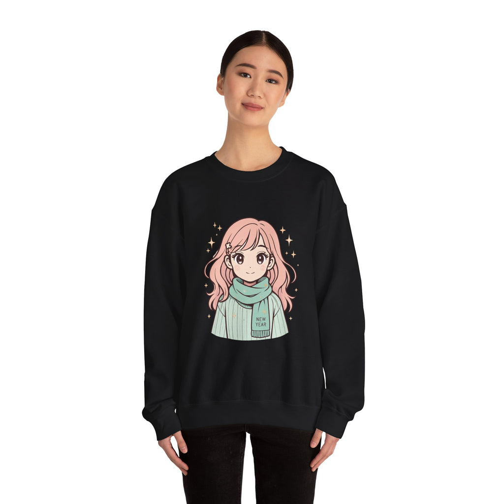 Anime Girl Sweater with 'New Year' Scarf — Cozy Kawaii Crewneck