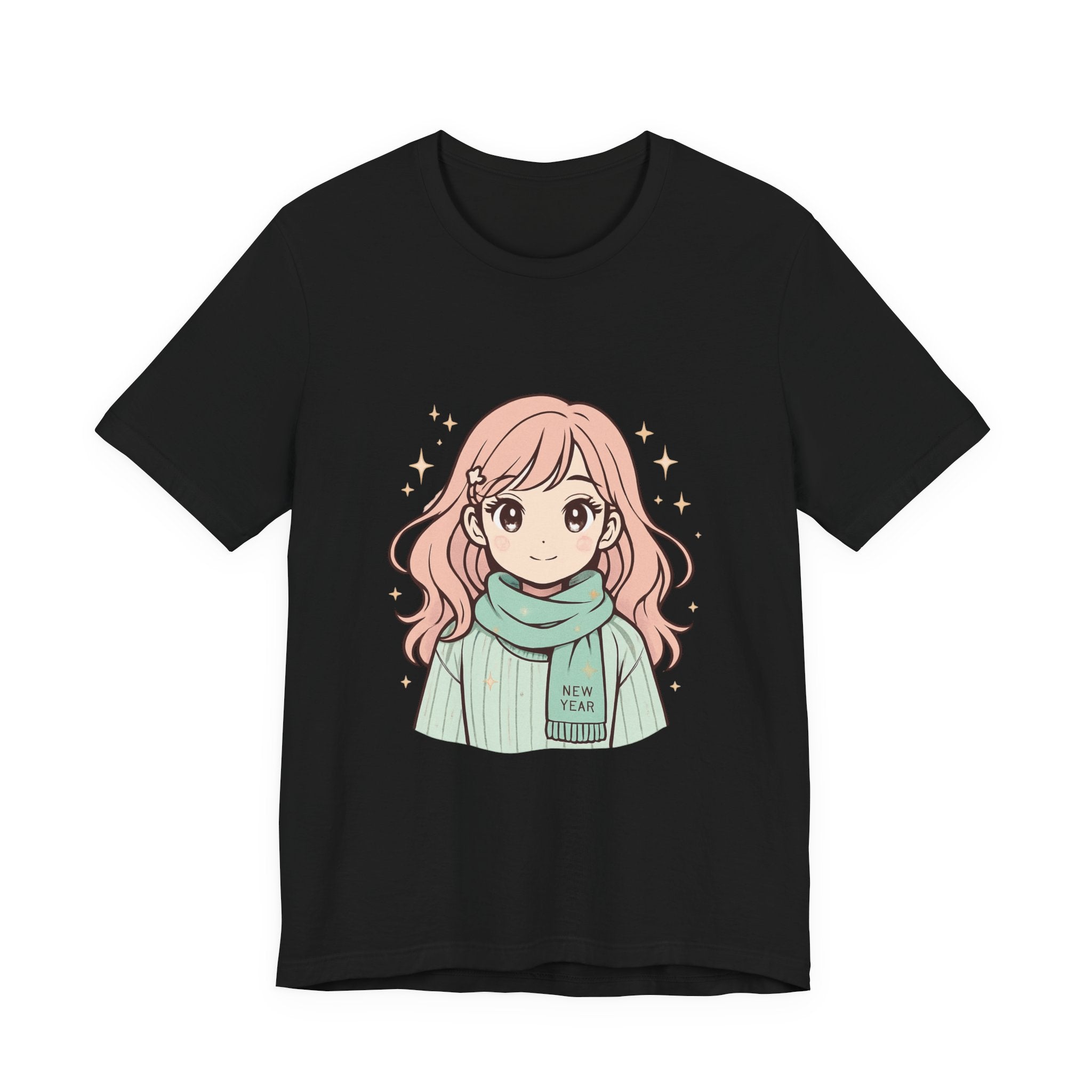 Cute Anime Girl T-Shirt – Pink Hair Scarf Illustration Tee