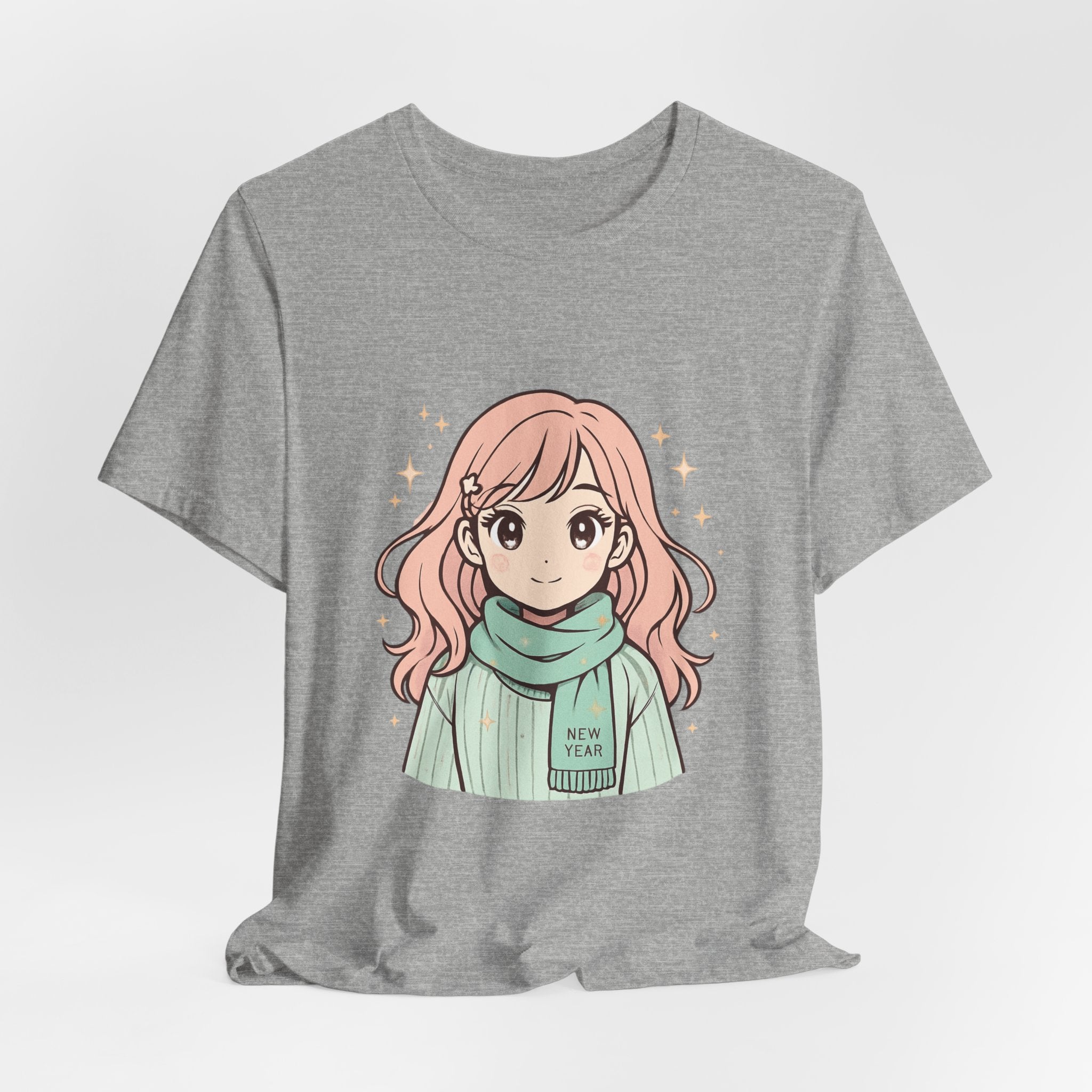 Cute Anime Girl T-Shirt – Pink Hair Scarf Illustration Tee