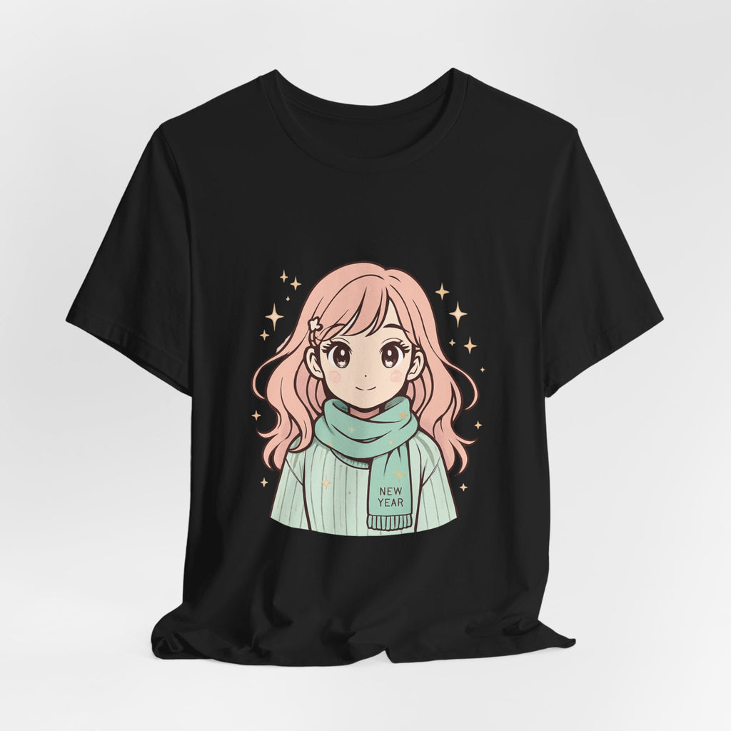 Cute Anime Girl T-Shirt – Pink Hair Scarf Illustration Tee