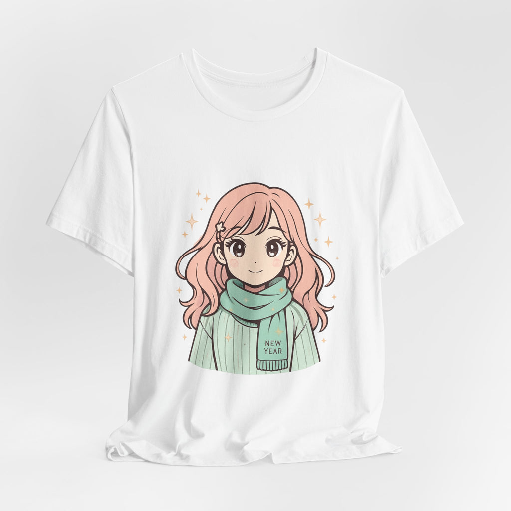 Cute Anime Girl T-Shirt – Pink Hair Scarf Illustration Tee