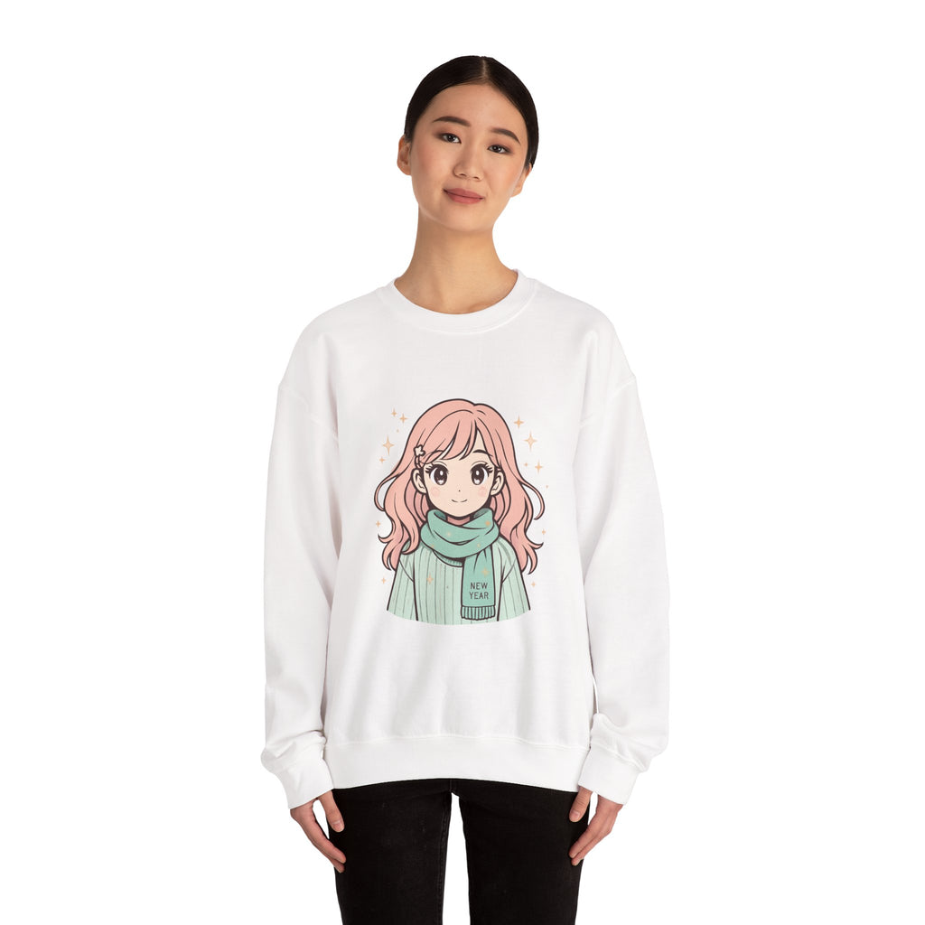 Anime Girl Sweater with 'New Year' Scarf — Cozy Kawaii Crewneck
