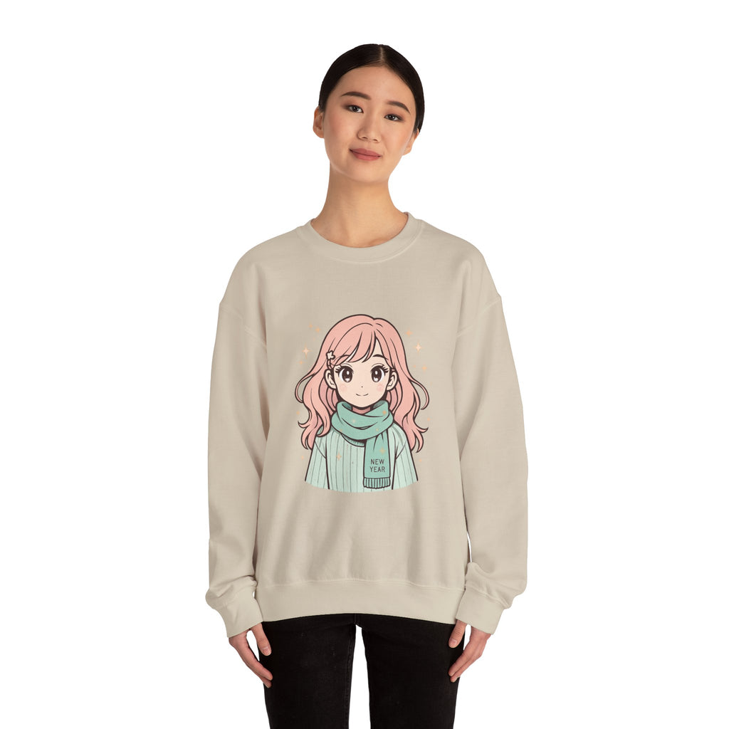 Anime Girl Sweater with 'New Year' Scarf — Cozy Kawaii Crewneck