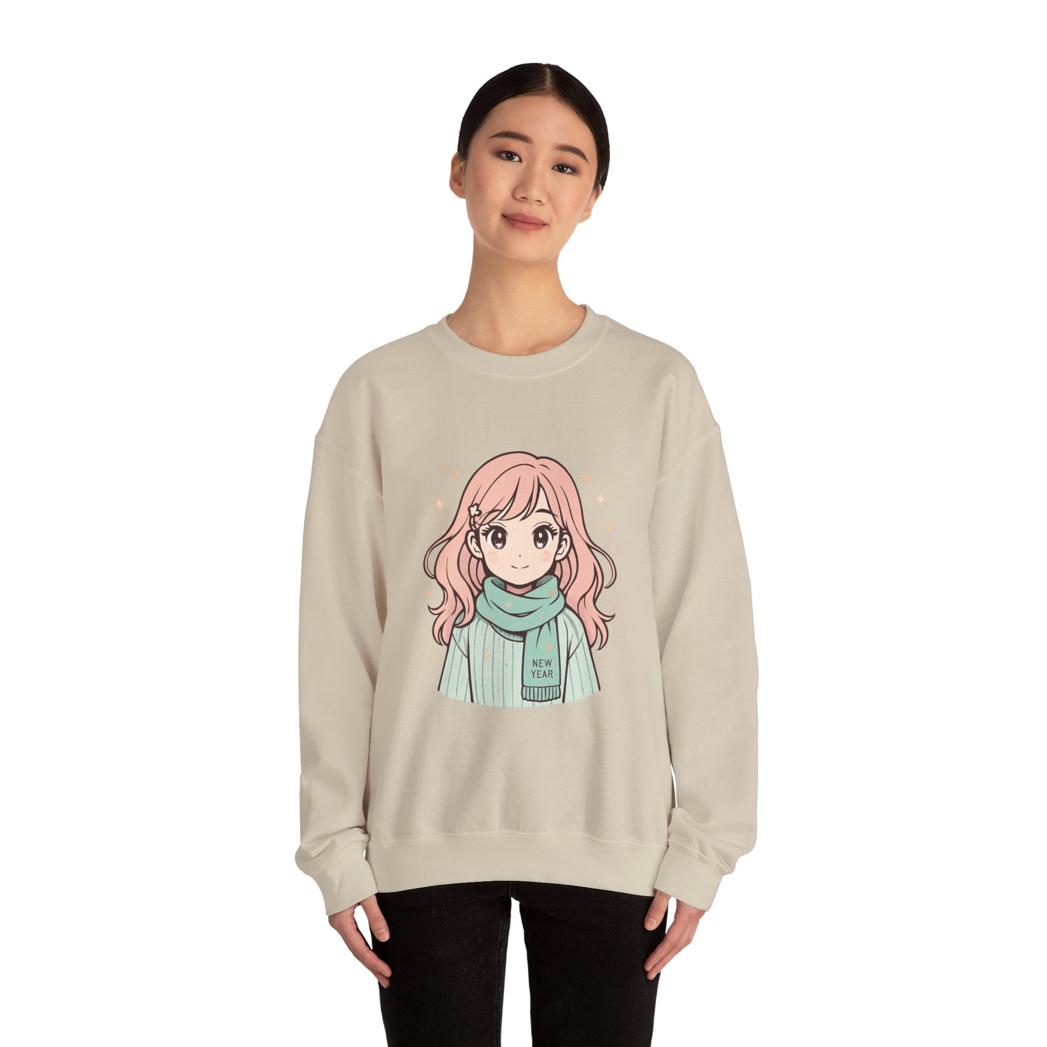 Anime Girl Sweater with 'New Year' Scarf — Cozy Kawaii Crewneck