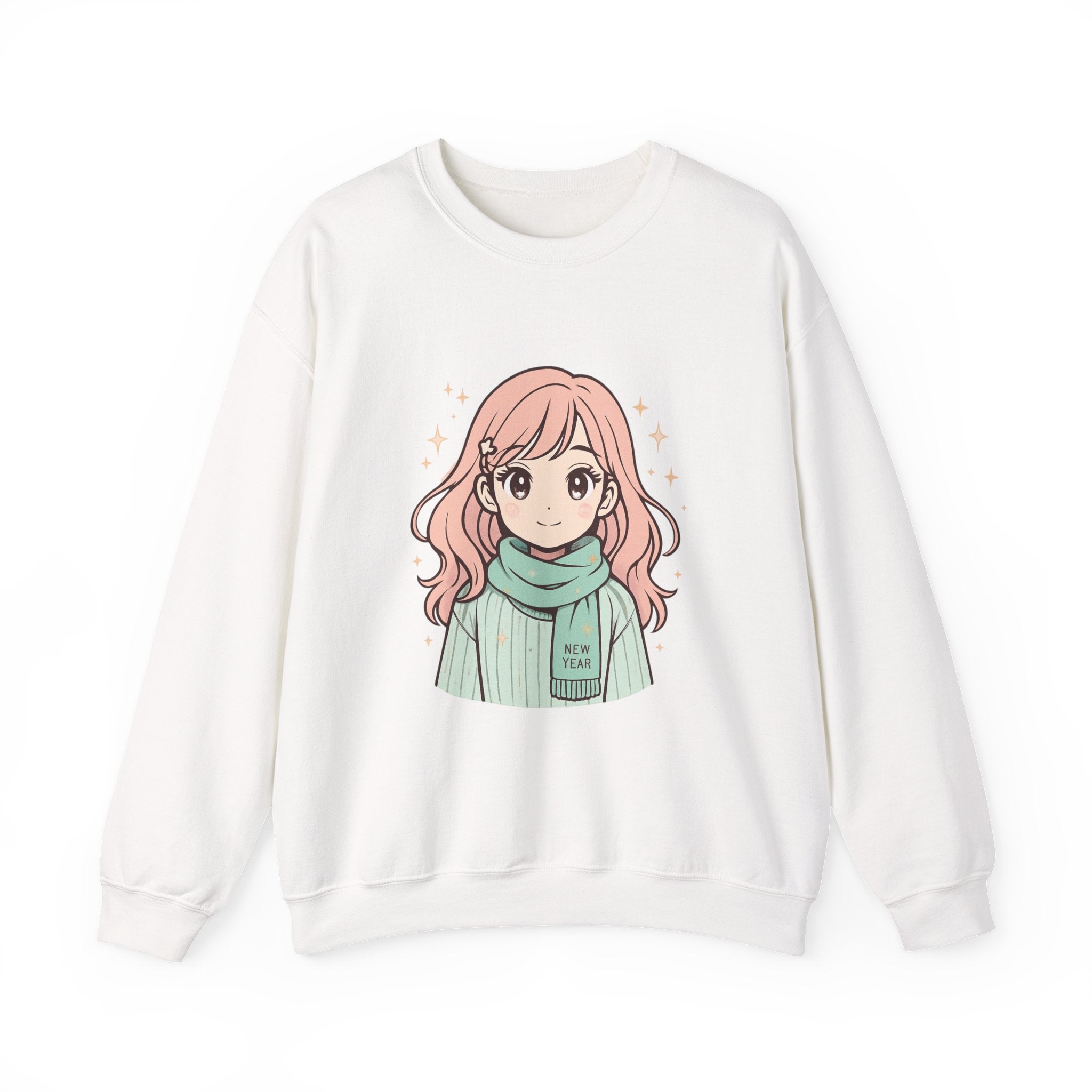 Anime Girl Sweater with 'New Year' Scarf — Cozy Kawaii Crewneck