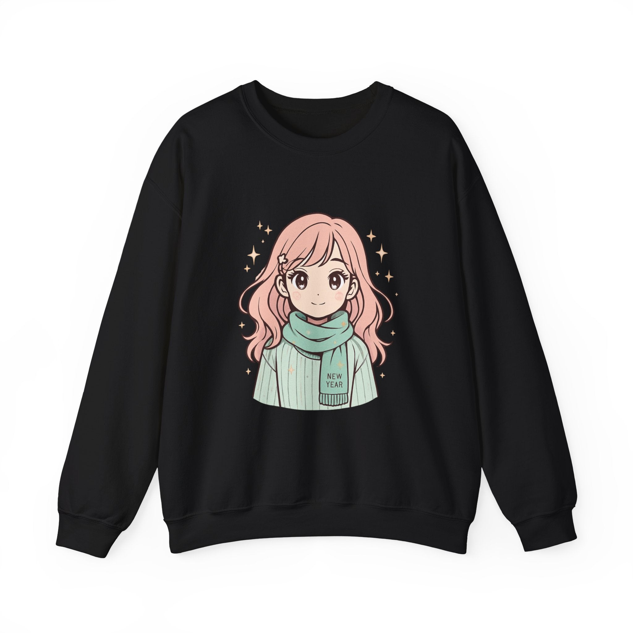 Anime Girl Sweater with 'New Year' Scarf — Cozy Kawaii Crewneck