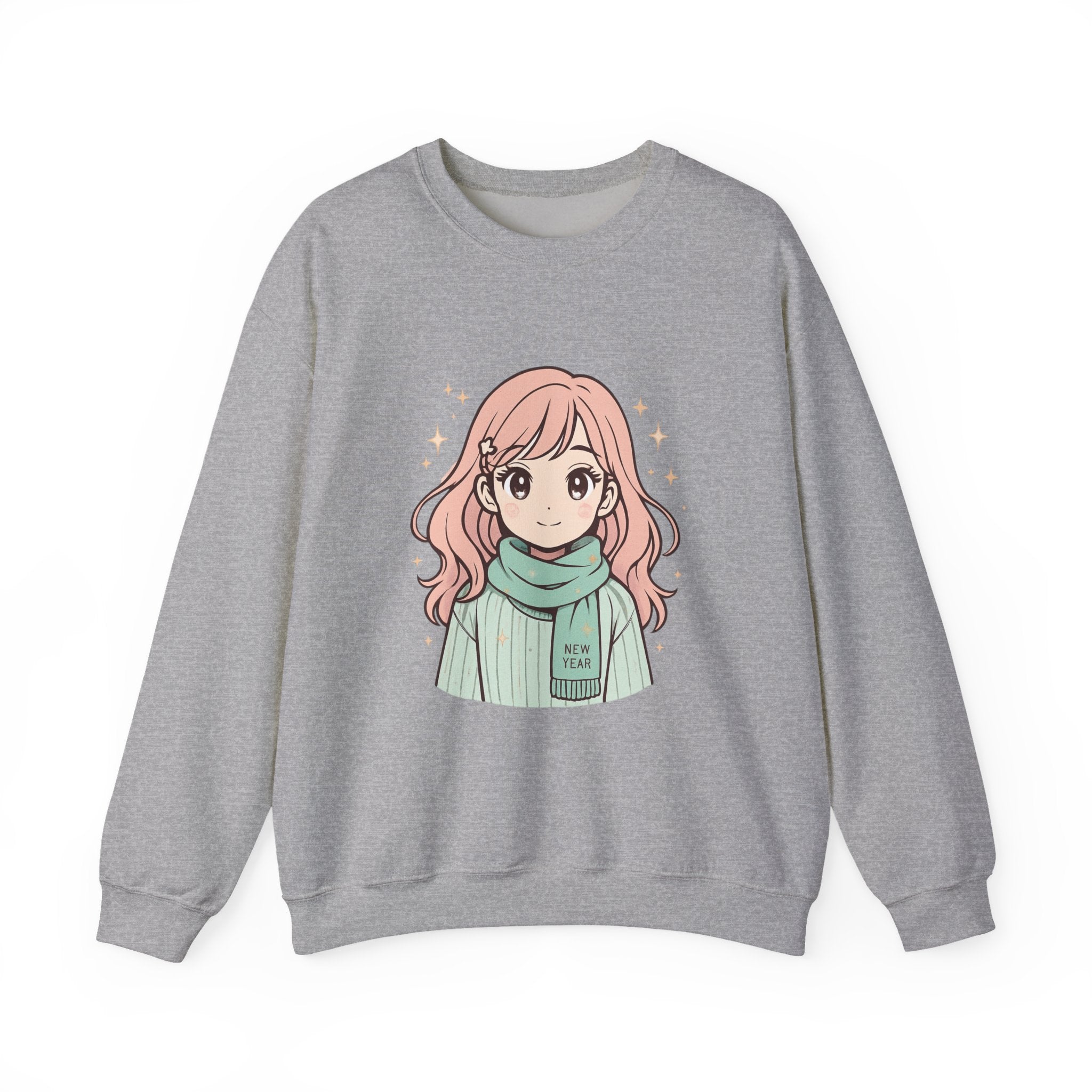 Anime Girl Sweater with 'New Year' Scarf — Cozy Kawaii Crewneck