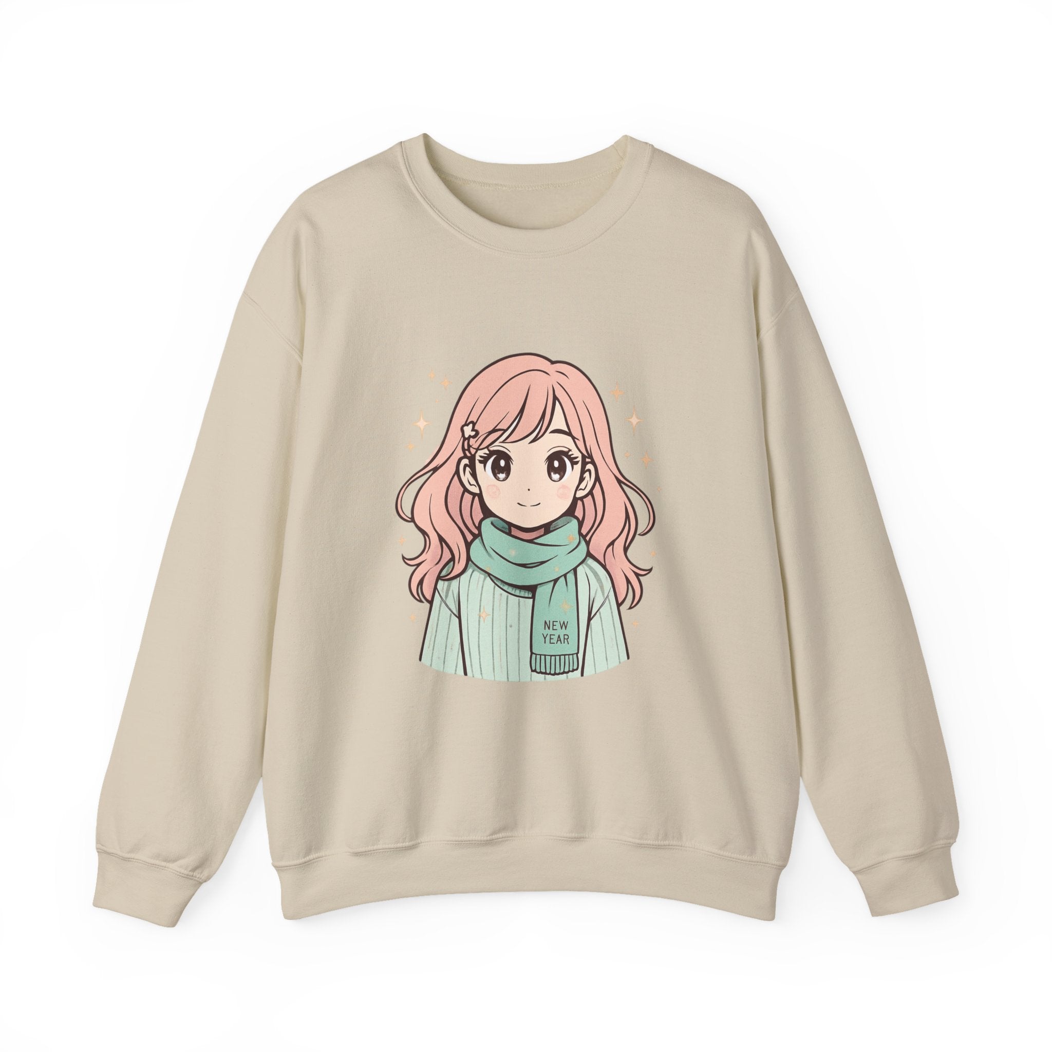 Anime Girl Sweater with 'New Year' Scarf — Cozy Kawaii Crewneck