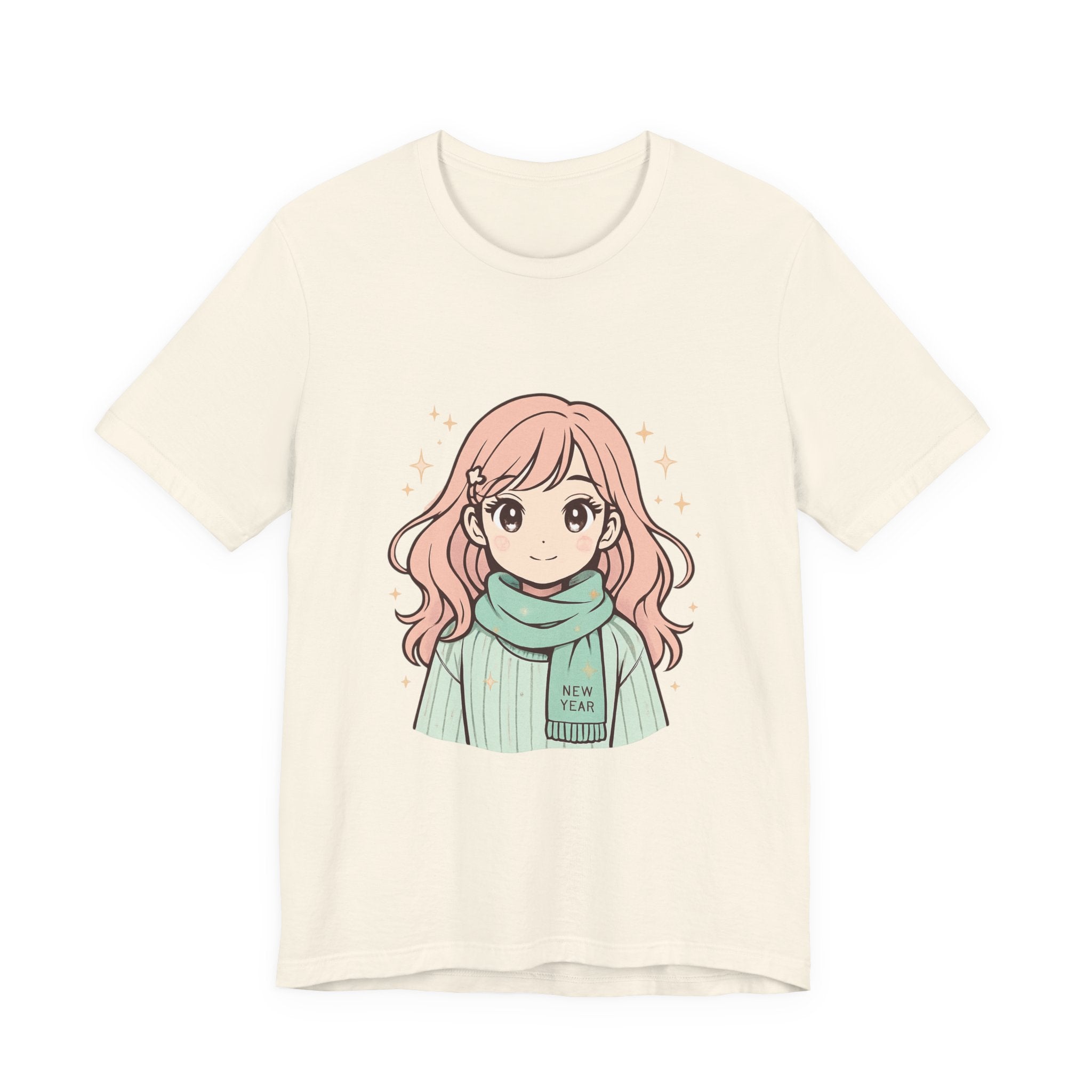 Cute Anime Girl T-Shirt – Pink Hair Scarf Illustration Tee