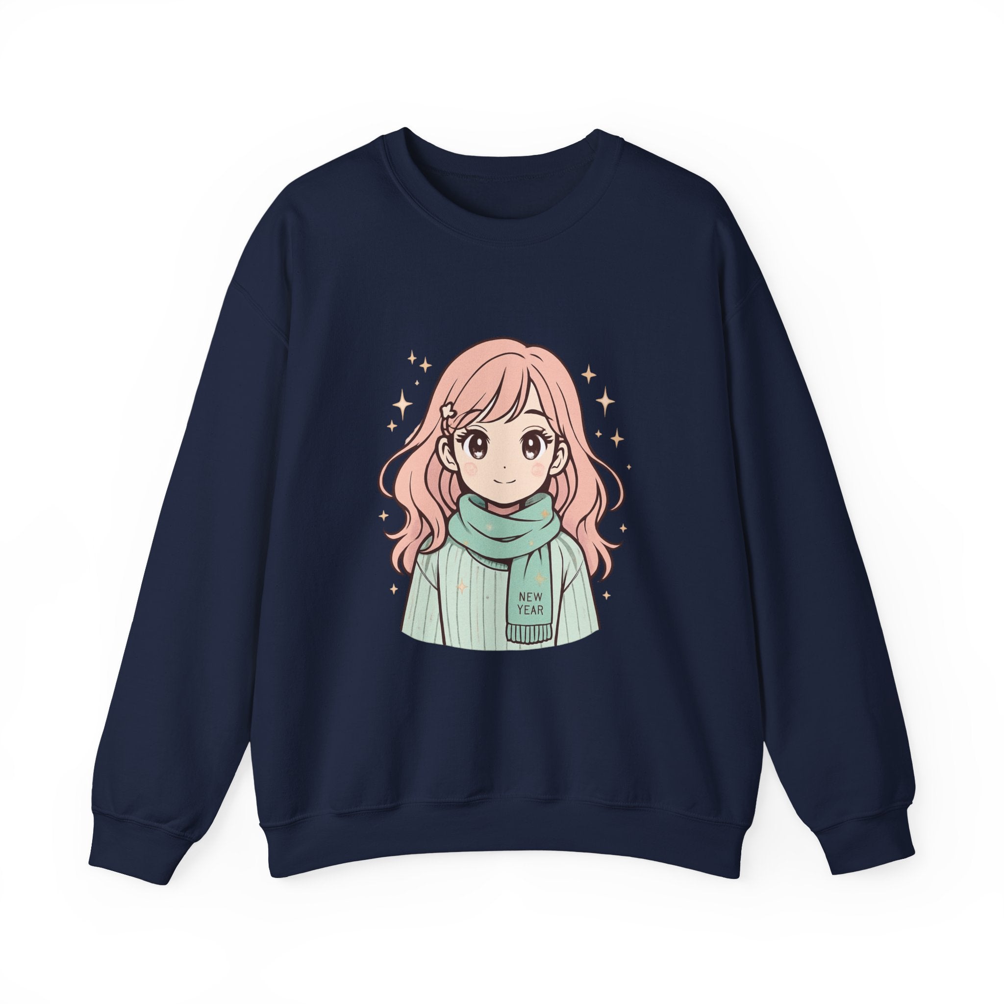 Anime Girl Sweater with 'New Year' Scarf — Cozy Kawaii Crewneck