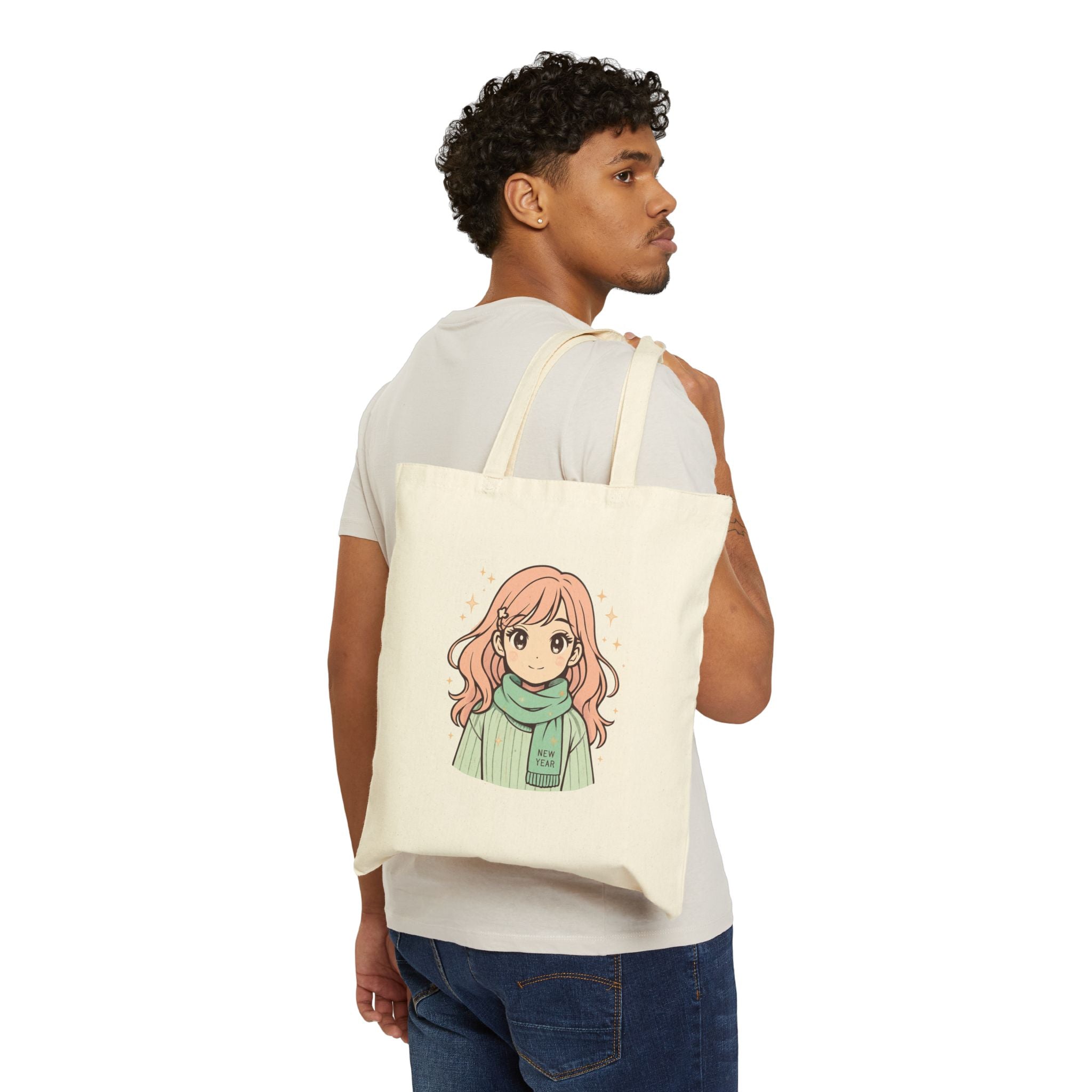 Anime Girl Canvas Tote Bag — Cute Pink-Haired Illustration, 'New Year' Scarf