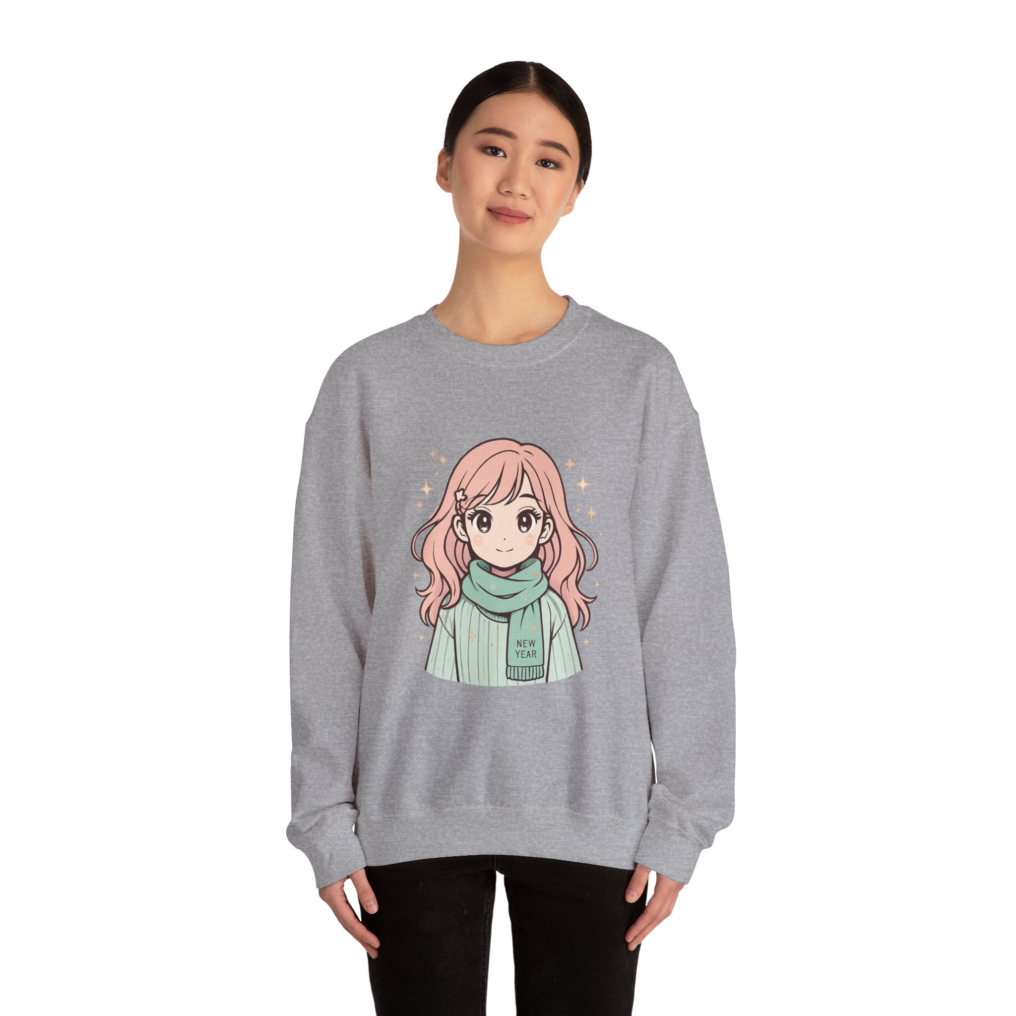 Anime Girl Sweater with 'New Year' Scarf — Cozy Kawaii Crewneck