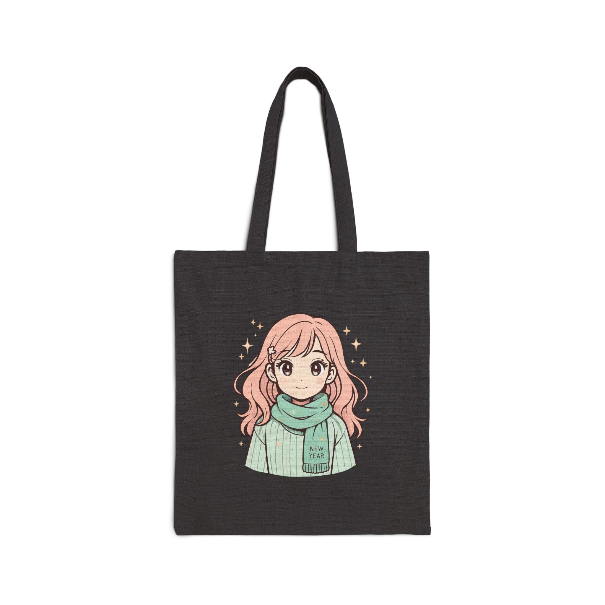 Anime Girl Canvas Tote Bag — Cute Pink-Haired Illustration, 'New Year' Scarf