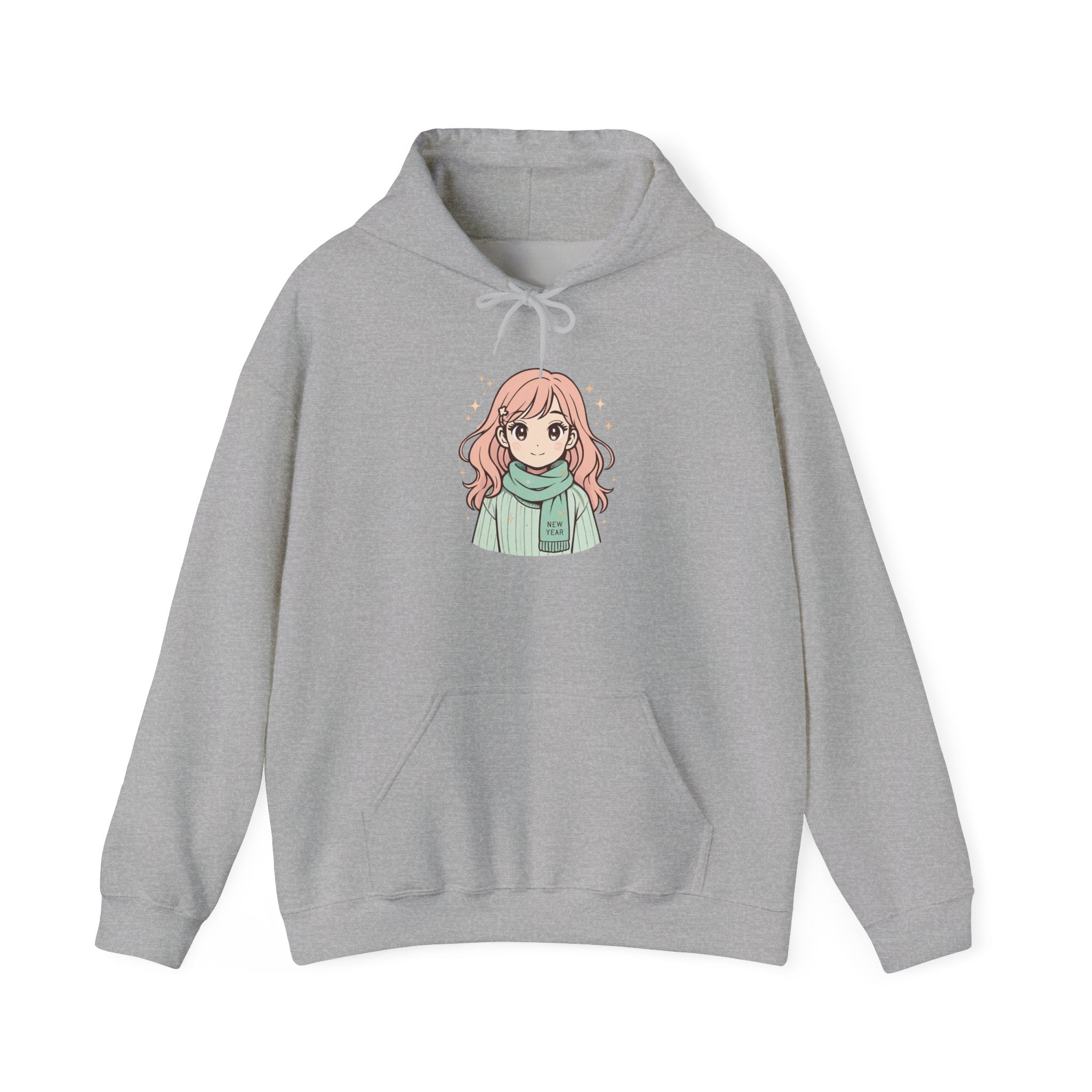 Anime Girl Illustration Hoodie — Cute Pink-Haired Character with Scarf
