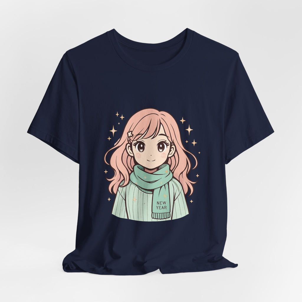 Cute Anime Girl T-Shirt – Pink Hair Scarf Illustration Tee