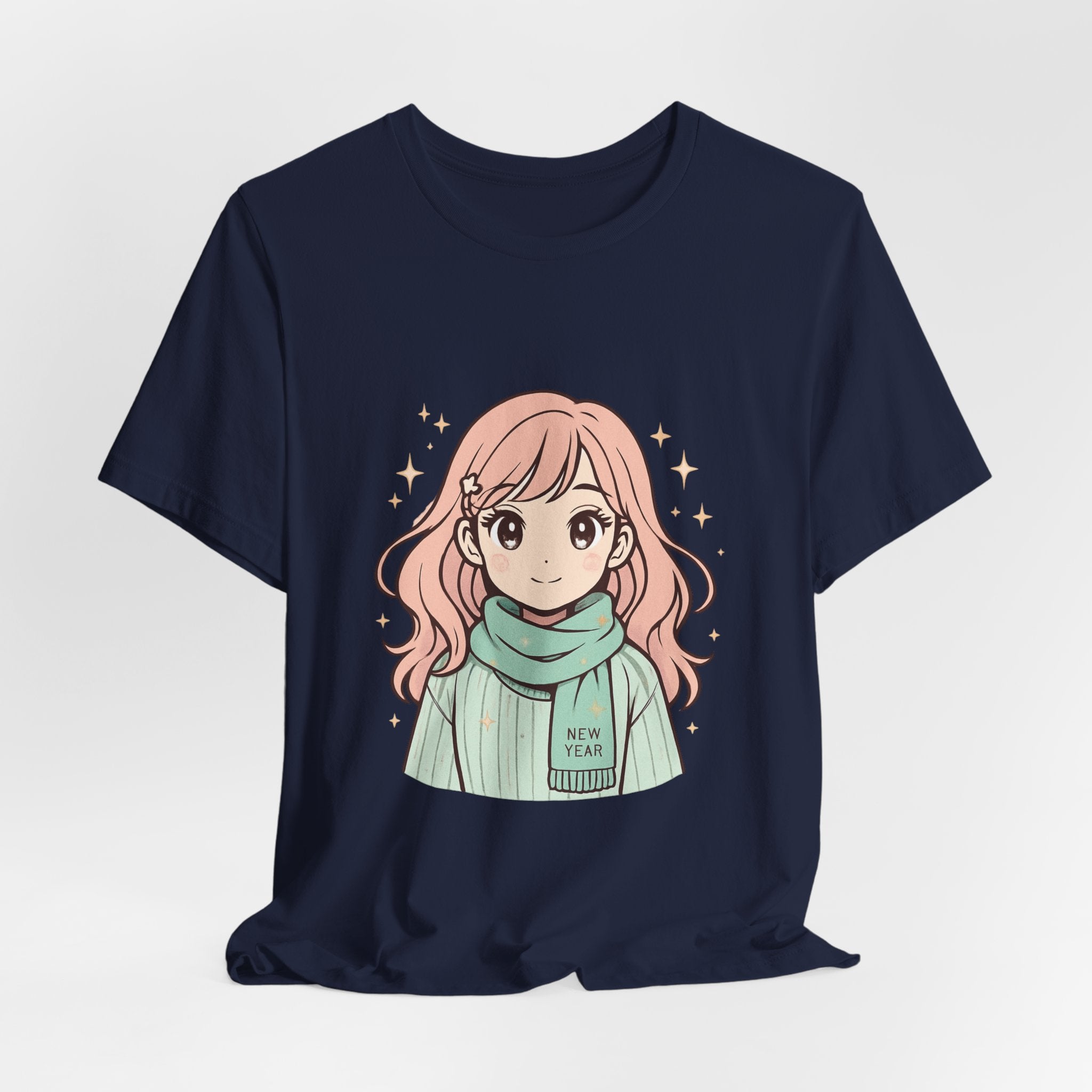 Cute Anime Girl T-Shirt – Pink Hair Scarf Illustration Tee