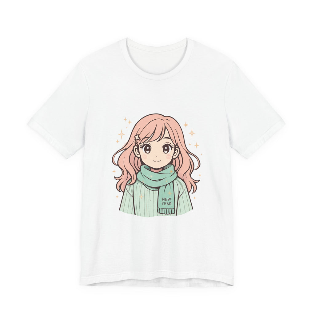 Cute Anime Girl T-Shirt – Pink Hair Scarf Illustration Tee