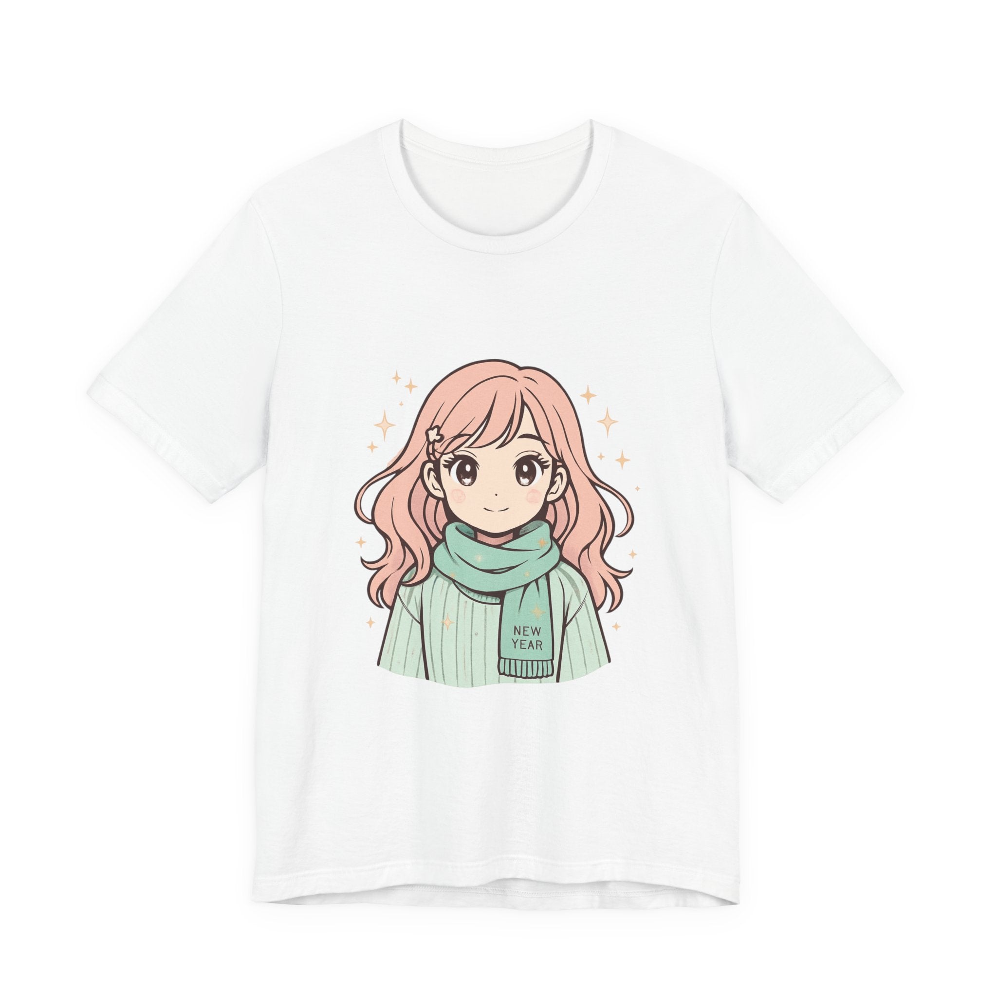 Cute Anime Girl T-Shirt – Pink Hair Scarf Illustration Tee
