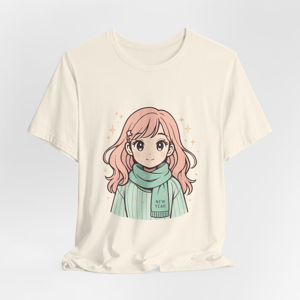 Cute Anime Girl T-Shirt – Pink Hair Scarf Illustration Tee