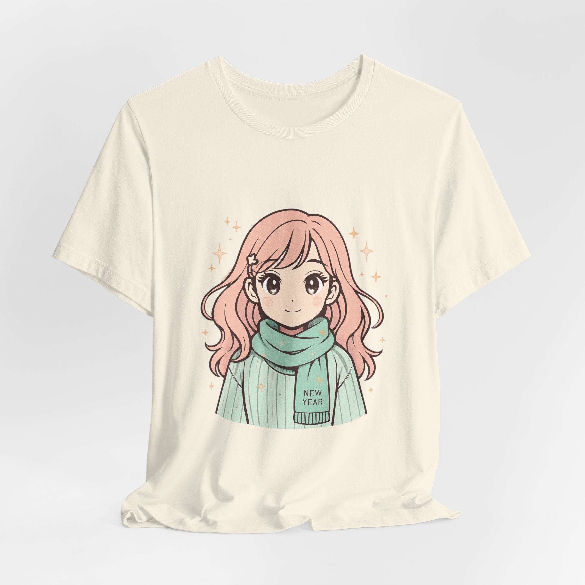 Cute Anime Girl T-Shirt – Pink Hair Scarf Illustration Tee