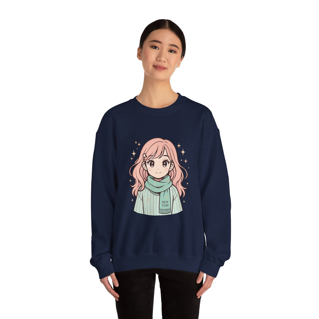 Anime Girl Sweater with 'New Year' Scarf — Cozy Kawaii Crewneck